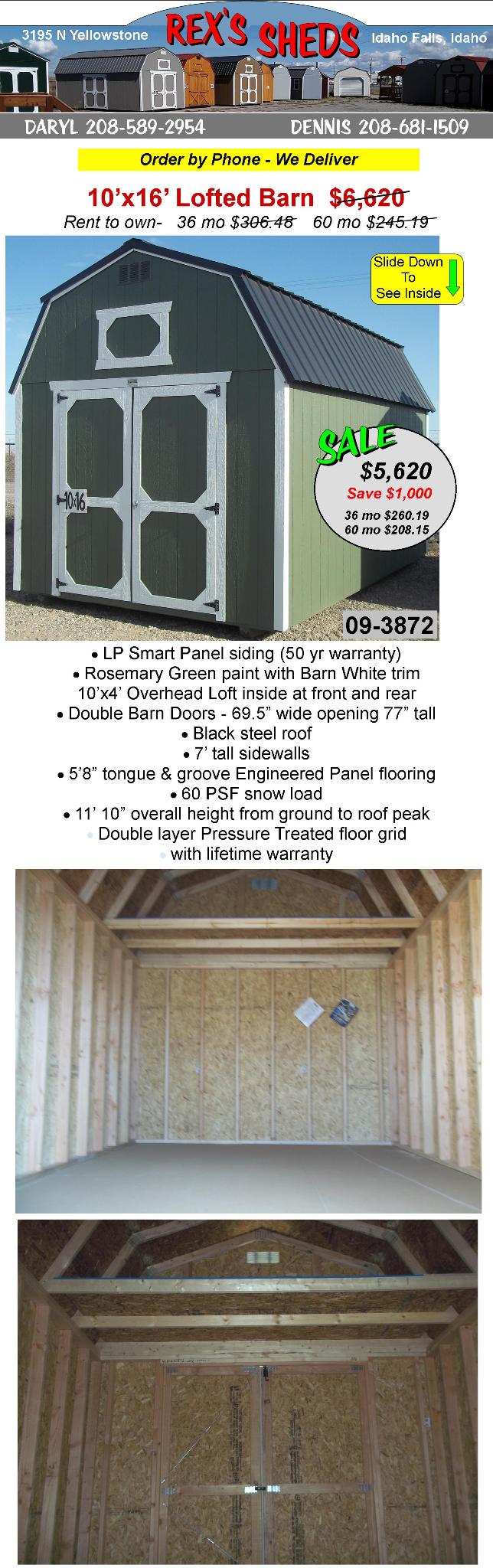 10x16_lofted_barn_shed_with_double_barn_doors_rosemary_grreen_paint_barn_white_trim_black_steel_roof