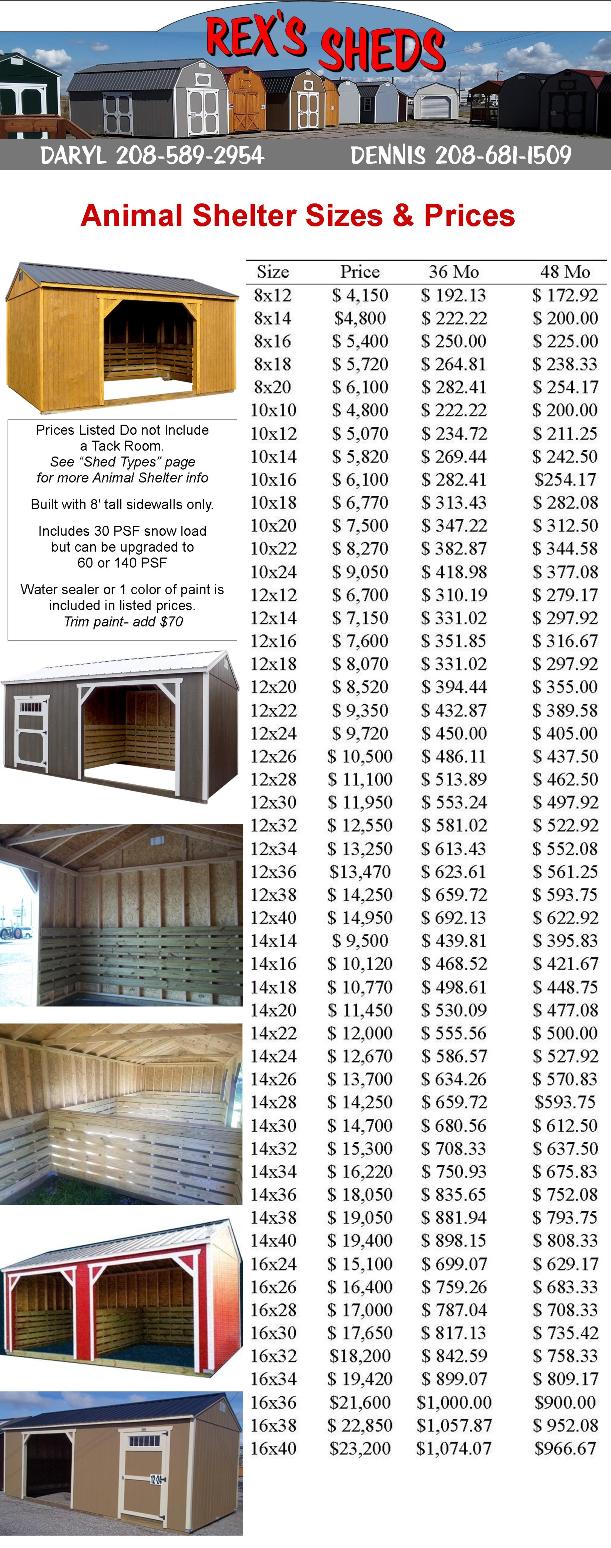 size_and_price_list_of_animal_shelter_sheds_at_rexs_sheds_with_photos