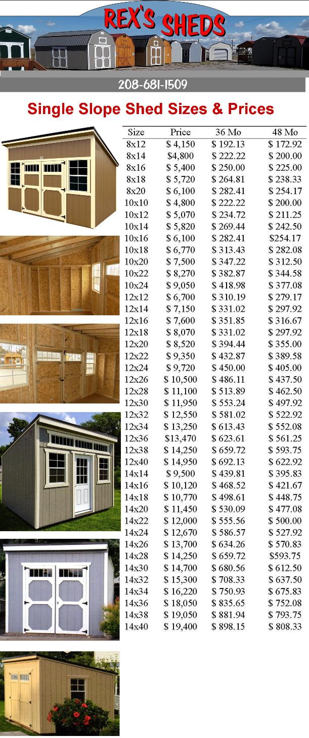 image_of_studio_style_sheds_with_all_sizes_and_prices_listed