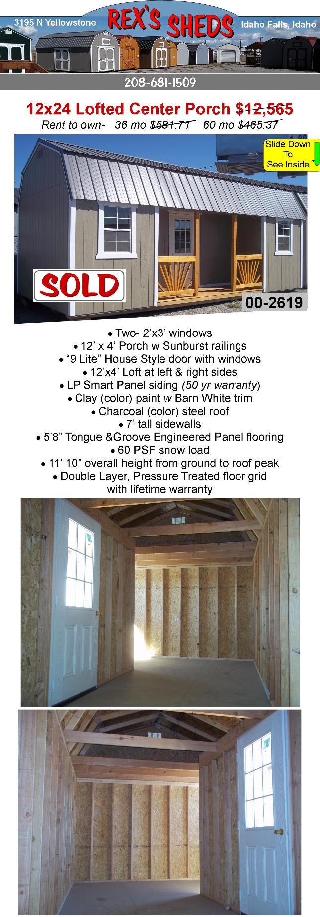 large_shed_with_center_porch_on_side_between_2_windows_overhead_loft_at_each_end_clay_color_paint_barn_white_trim_charcoal_color_steel_roof