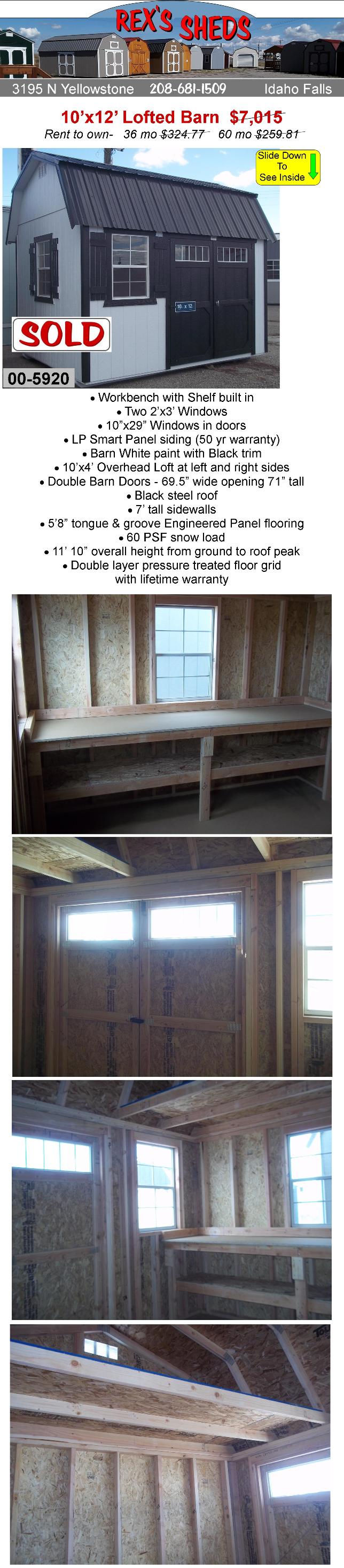 10x12_barn_shed_with_double_barn_doors_built_in_workbench_2_windows_and_an_overhead_loft_at_left_and_right_sides_barn_white_paint_black_trim_black_steel_roof