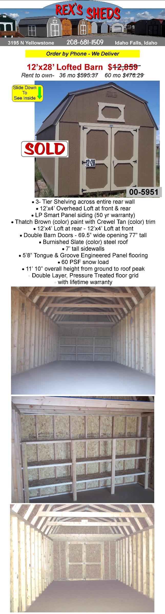 12x28_barn_style_shed_with_thatch_brown_color_paint_crewel_tan_trim_double_barn_doors_an_overhead_loft_at_front_and_rear_burnished_slate_color_steel_roof