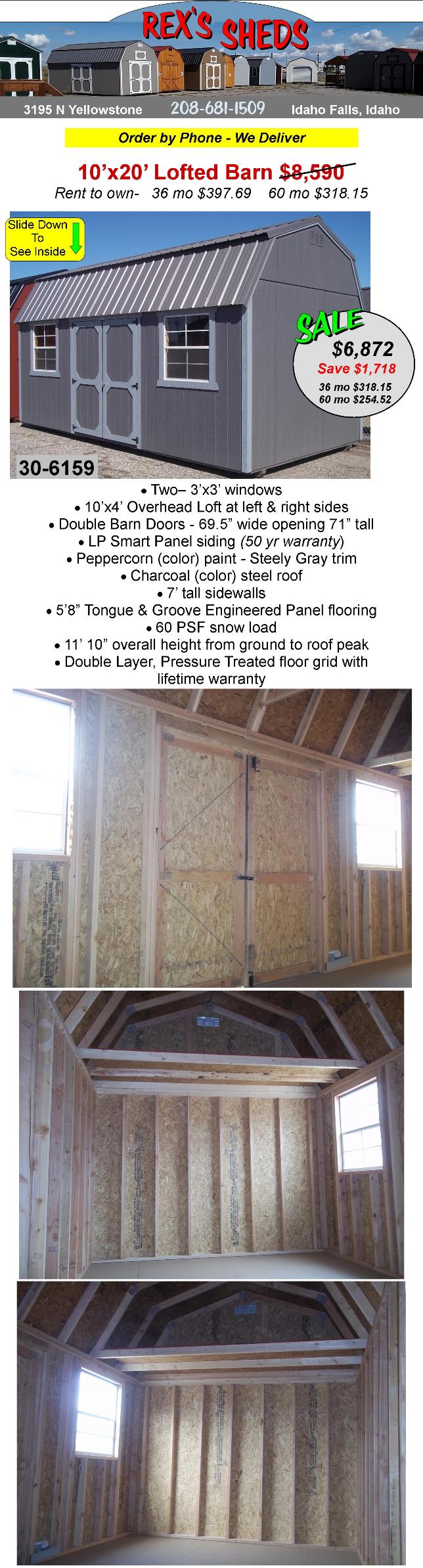 10x20_barn_style_shed_with_2_windows_placed_one_on_each_side_of_double_barn_doors_peppercorn_color_paint_steely_gray_trim_charcoal_color_steel_roof_and_an_overhead_loft_at_each_side