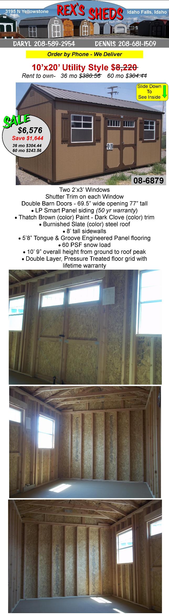 10x20_utility_shed_painted_thatch_brown_color_with_dark_clove_color_trim_double_barn_doors_2_windows_burnished_slate_color_steel_roof