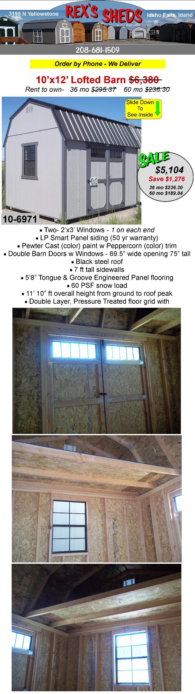 pewter_cast_color_barn_shed_with_peppercorn_color_trim_and_double_barn_doors_with_windows_plus_2_other_windows_and_2_overhead_lofts_black_steel_roof