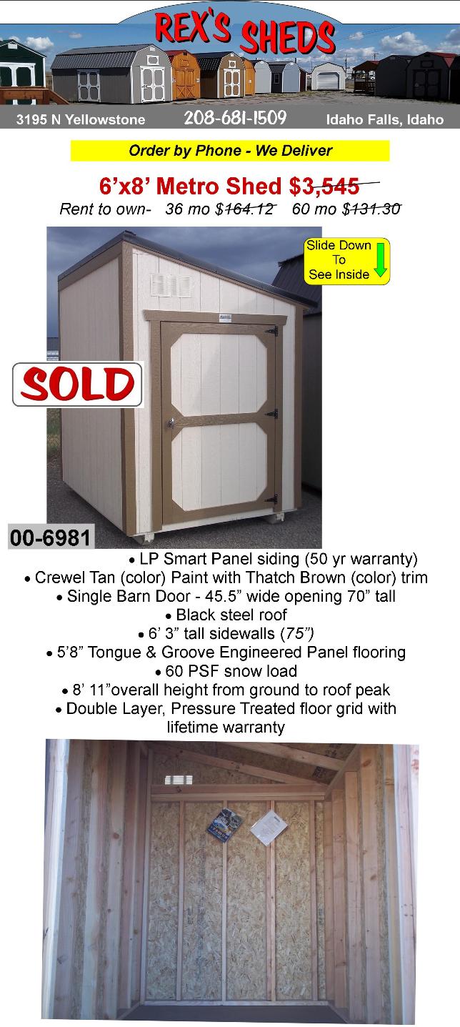 6x8_metro_single_slope_shed_with_single_pitch_lean_to_type_roof_has_single_barn_door_crewel_tan_color_paint_thatch_brown_trim_black_steel_roof