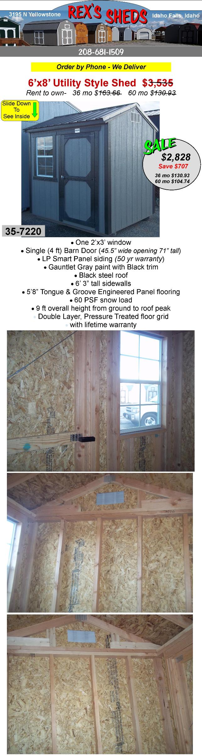 gauntlet_gray_color_shed_with_black_trim_has_1_window_a_single_barn_door_and_black_steel_roof