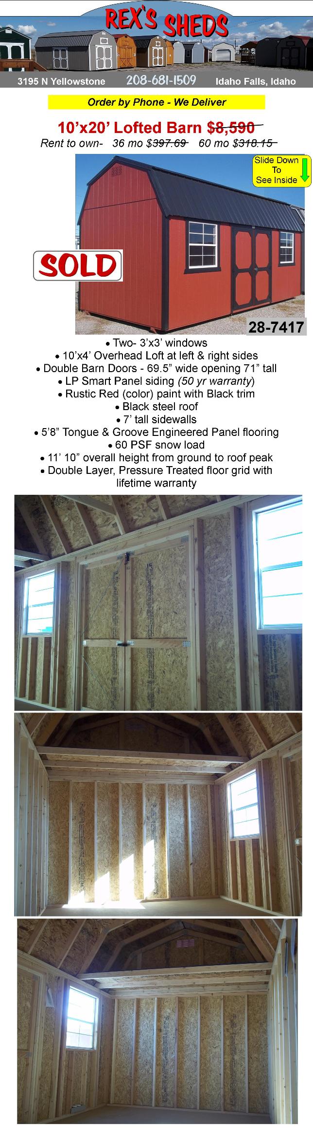 barn_style_shed_has_rustic_red_color_paint_with_black_trim_a_window_on_each_side_of_double_barn_doors_an_overhead_loft_at_left_and_right_sides_black_steel_roof