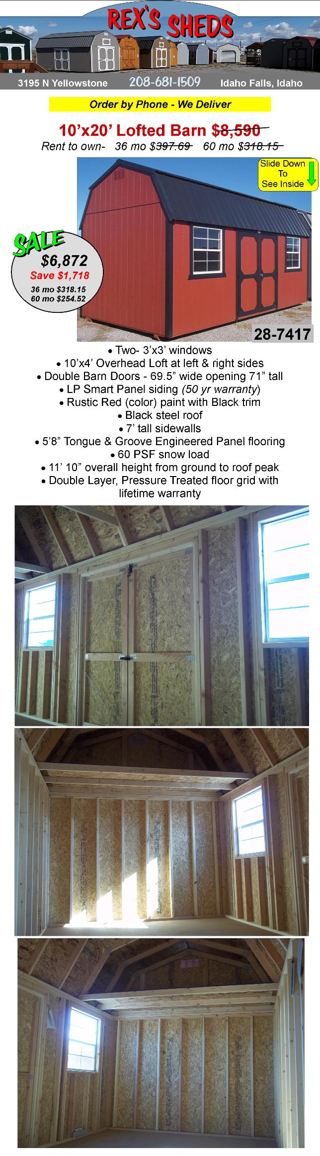 barn_style_shed_has_rustic_red_color_paint_with_black_trim_a_window_on_each_side_of_double_barn_doors_an_overhead_loft_at_left_and_right_sides_black_steel_roof