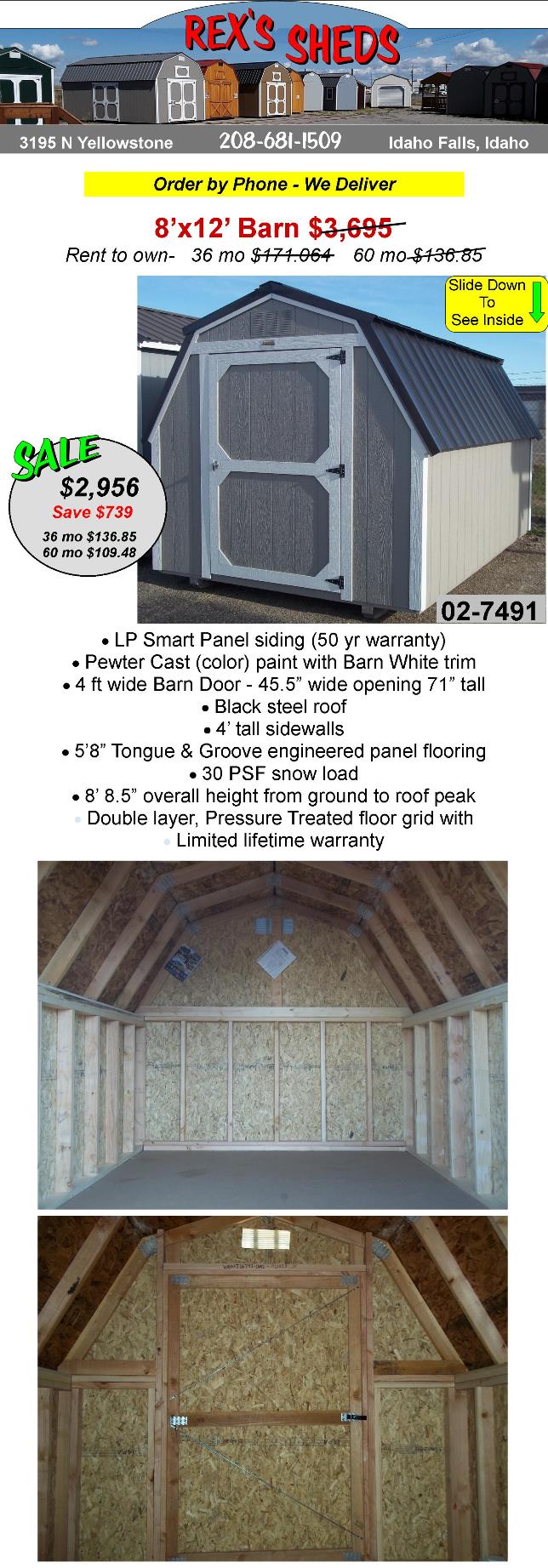 8x12_barn_shed_with_single_barn_door_4_ft_tall_sidewalls_pewter_cast_color_paint_barn_white_trim_black_steel_roof