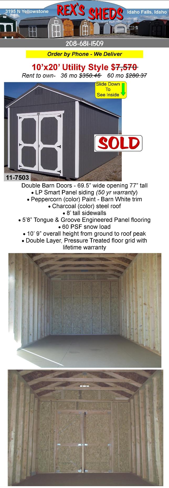 10x16_utility_style_shed_with_double_barn_doors_peppercorn_color_paint_with_barn_white_trim_charcoal_color_steel_roof