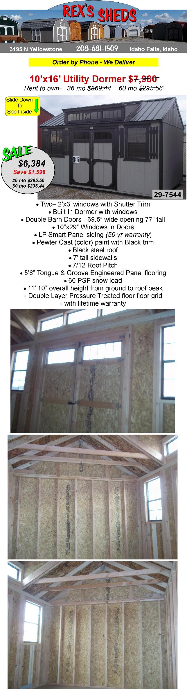 shed_with_dormer_on_sale_has_double_barn_doors_with_windows_a_window_on_each_side_of_barn_doors_pewter_cast_color_paint_and_black_trim_black_steel_roof