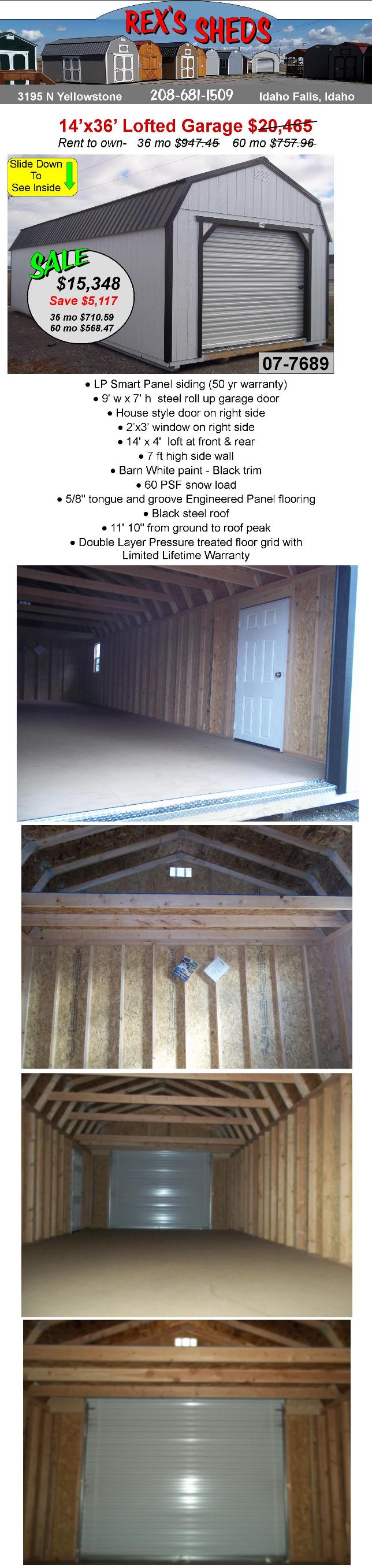 14x36_storage_shed_garage_with_rollup_door_man_door_2_overhead_lofts_a_window_barn_white_paint_black_trim_black_steel_roof