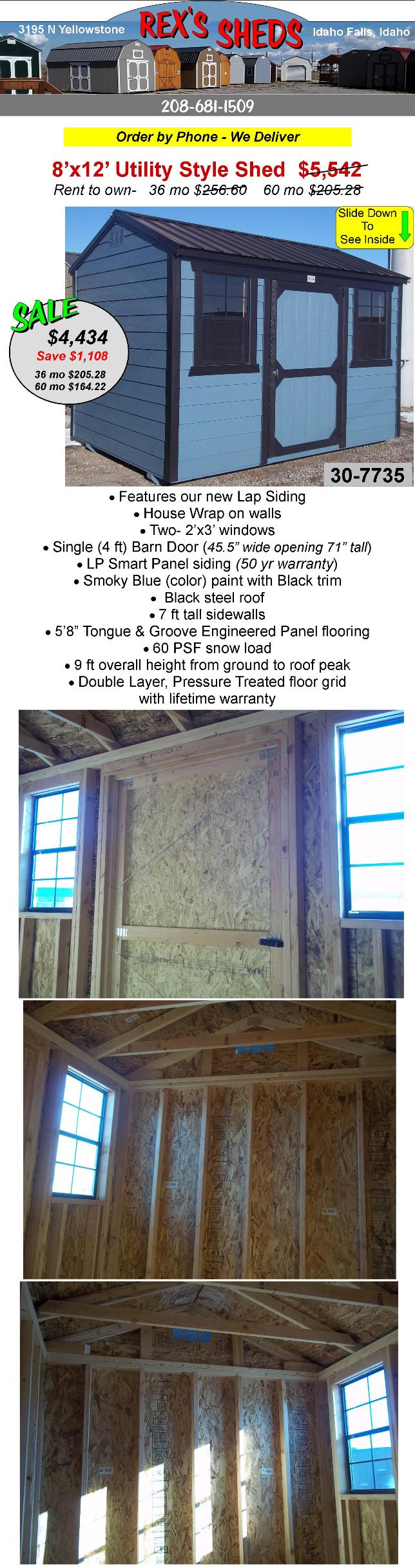 smoky_blue_color_utility_shed_with_lap_siding_has_a_window_on_each_side_of_double_barn_doors_house_wrap_on_walls_black_trim_paint_and_black_steel_roof