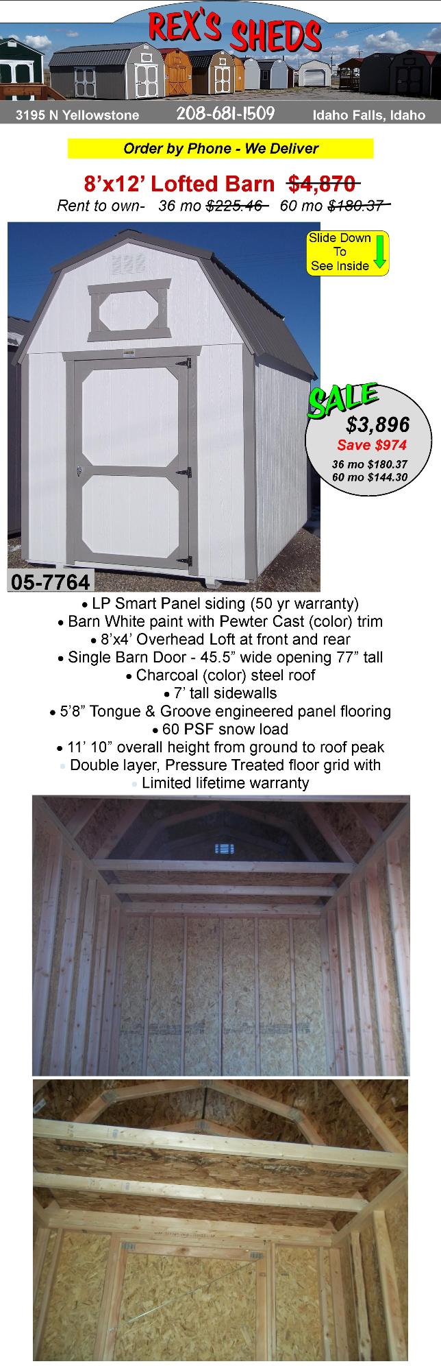 barn_style_garden_shed_with_barn_white_paint_pewter_cast_trim_2_overhead_lofts_single_barn_door_and_charcoal_color_steel_roof