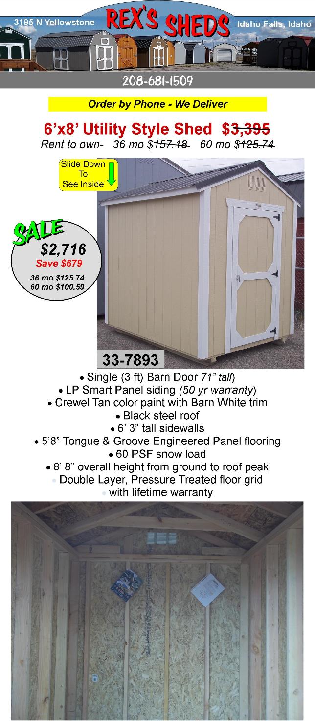 crewel_tan_color_shed_with_barn_white_trim_has_a_single_barn_door_and_black_steel_roof