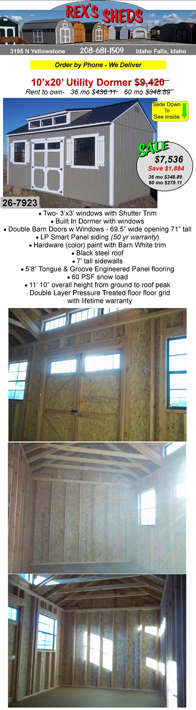 dormer_style_shed_with_double_barn_doors_with_windows_plus_2_windows_with_shutter_trim_hardware_color_paint_barn_white_trim_black_steel_roof