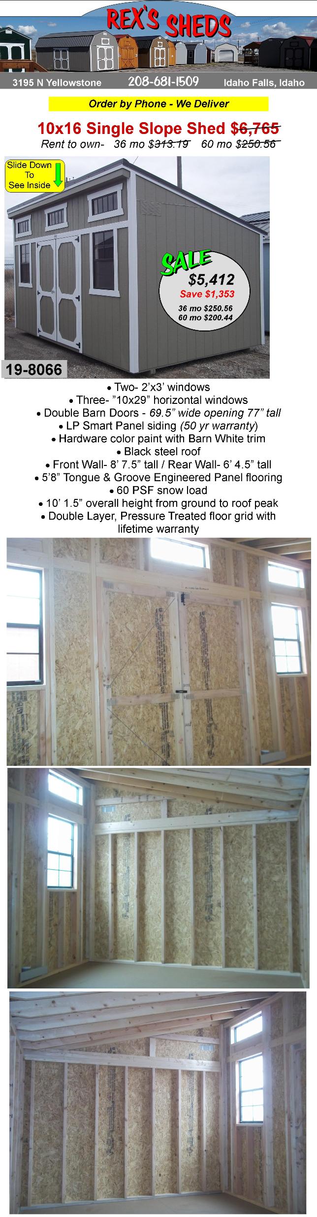 10x16_single_slope_shed_with_single_pitch_lean_to_type_roof_has_double_barn_doors_5_windows_hardware_color_paint_barn_white_trim_black_steel_roof