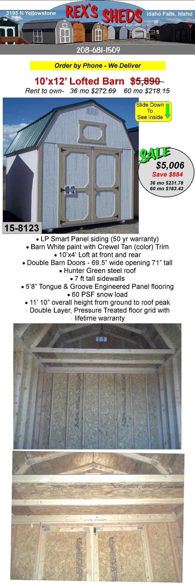 barn_type_shed_painted_barn_white_with_crewel_tan_color_trim_has_overhead_loft_at_front_and_rear_hunter_green_steel_roof_and_double_barn_doors