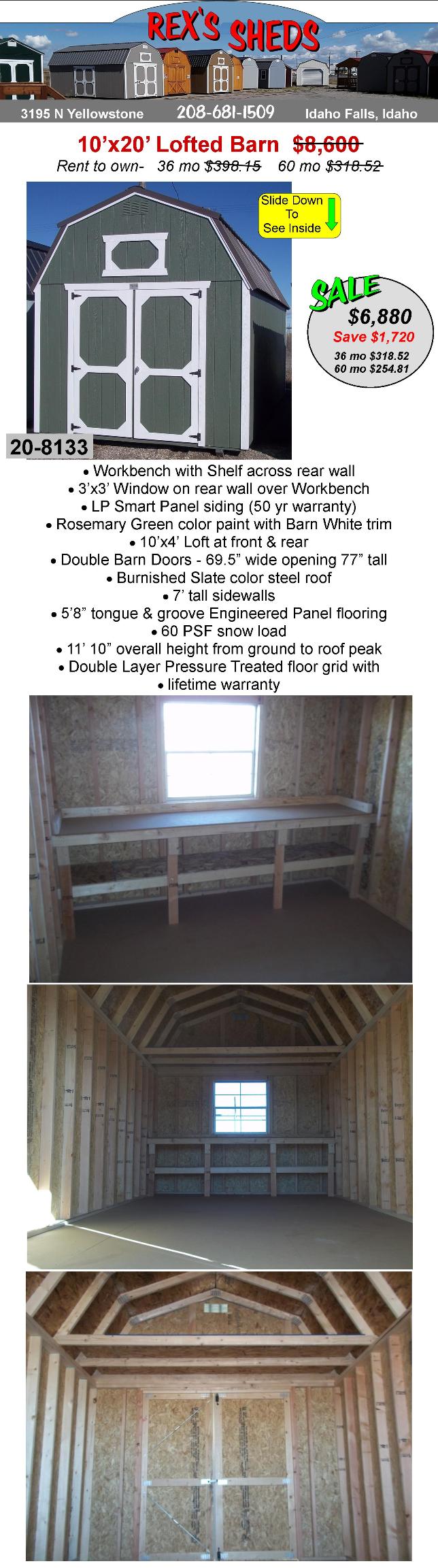 large_shed_with_barn_style_roof_painted_rosemary_green_with_barn_white_trim_and_burnished_slate_color_steel_roof_double_barn_doors_and_an_overhead_loft_at_front_and_rear