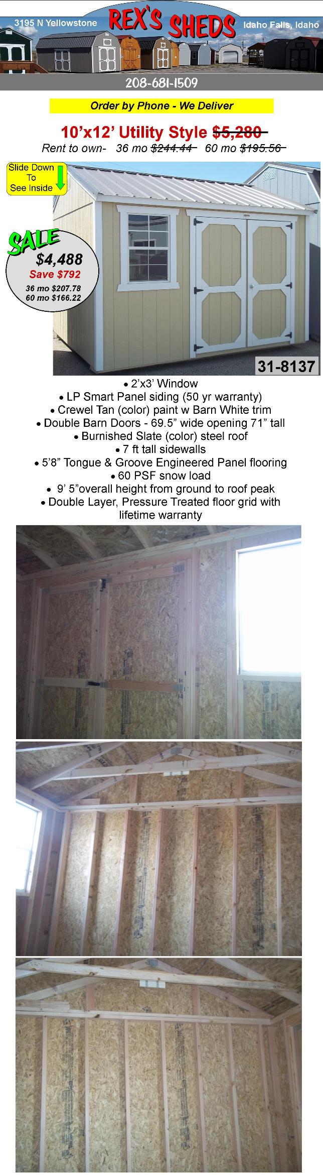 crewel_tan_color_shed_with_barn_white_trim_10x12_with_double_barn_doors_a_window_and_burnished_slate_color_steel_roof