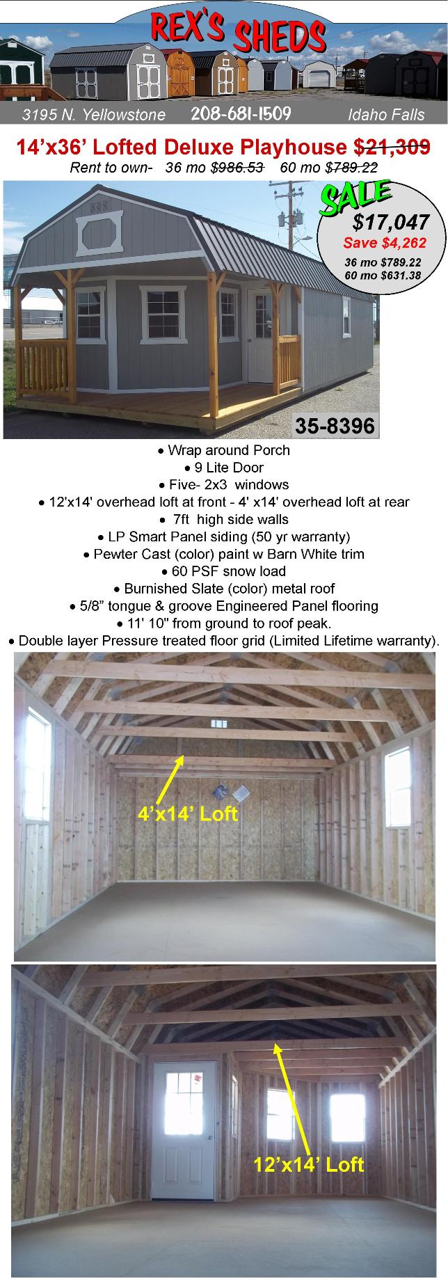 cabin_style_shed_with_wrap_around_porch_5_windows_2_overhead_lofts_pewter_cast_color_paint_barn_white_trim_burnished_slate_color_roof