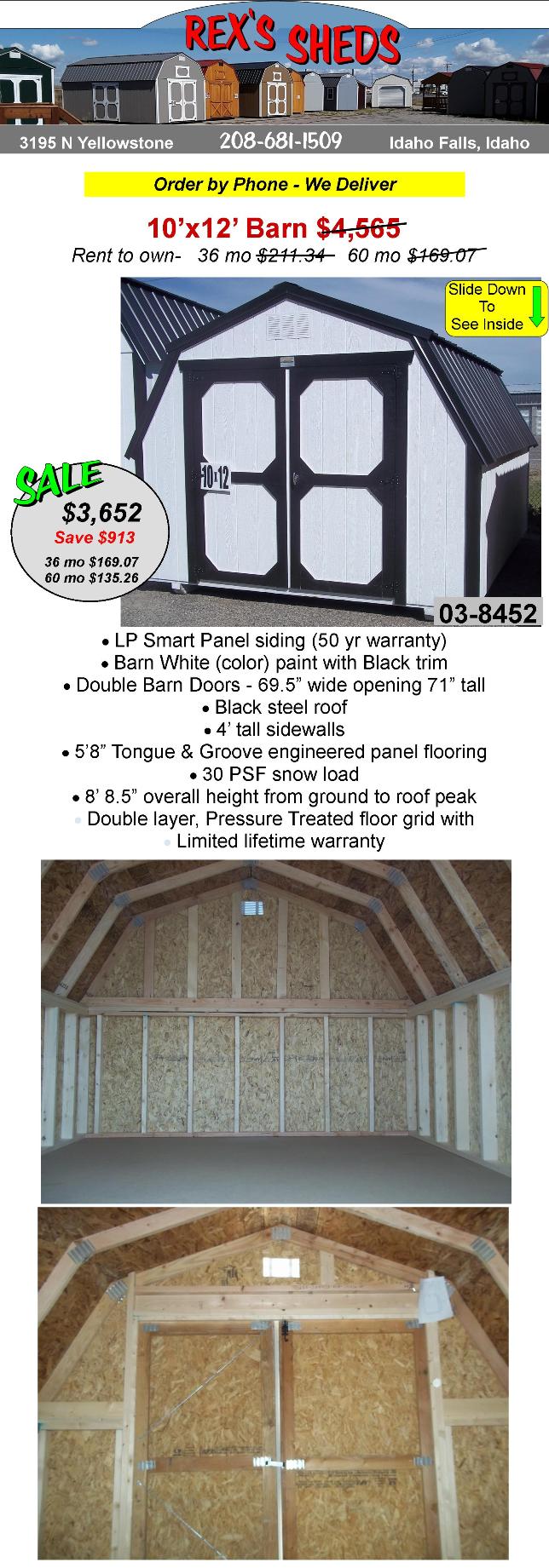 10x12_barn_shed_with_double_barn_doors_4_ft_tall_sidewalls_barn_white_paint_black_trim_black_steel_roof