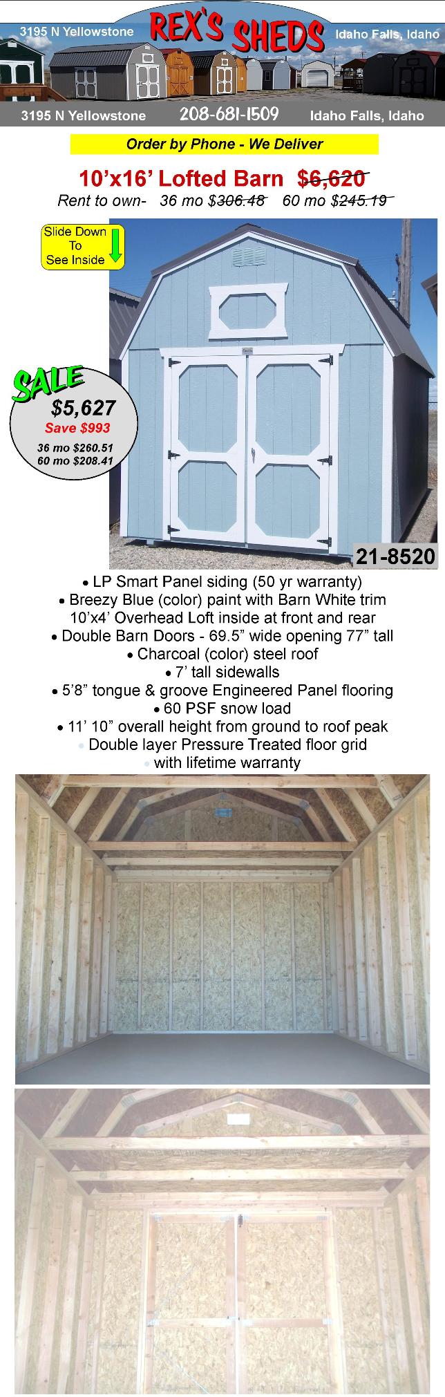 barn_style_shed_with_breeze_blue_color_paint_barn_white_trim_double_barn_doors_an_overhead_loft_at_front_and_rear_black_steel_roof