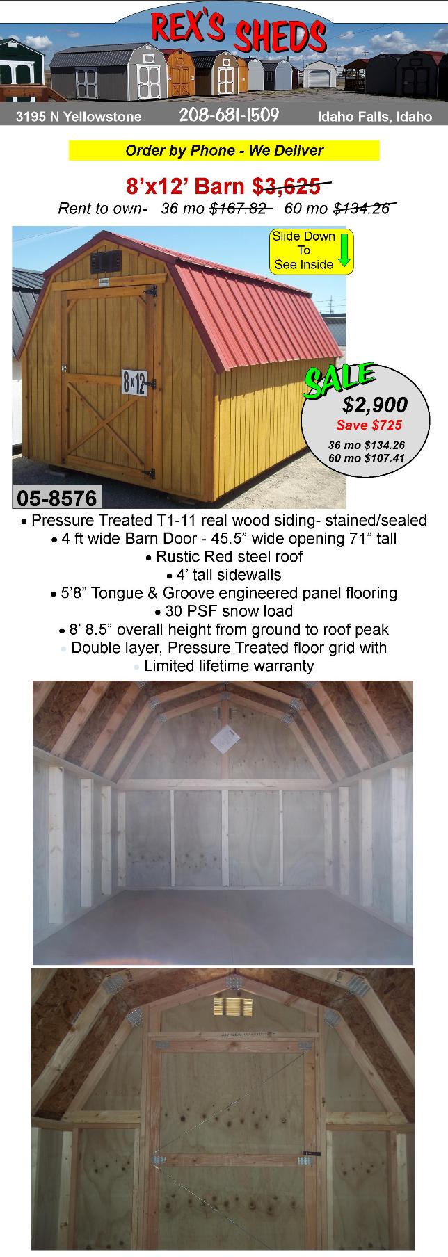 8x12_barn_shed_with_single_barn_door_4_ft_tall_sidewalls_pressure_treated_siding_rustic_red_steel_roof