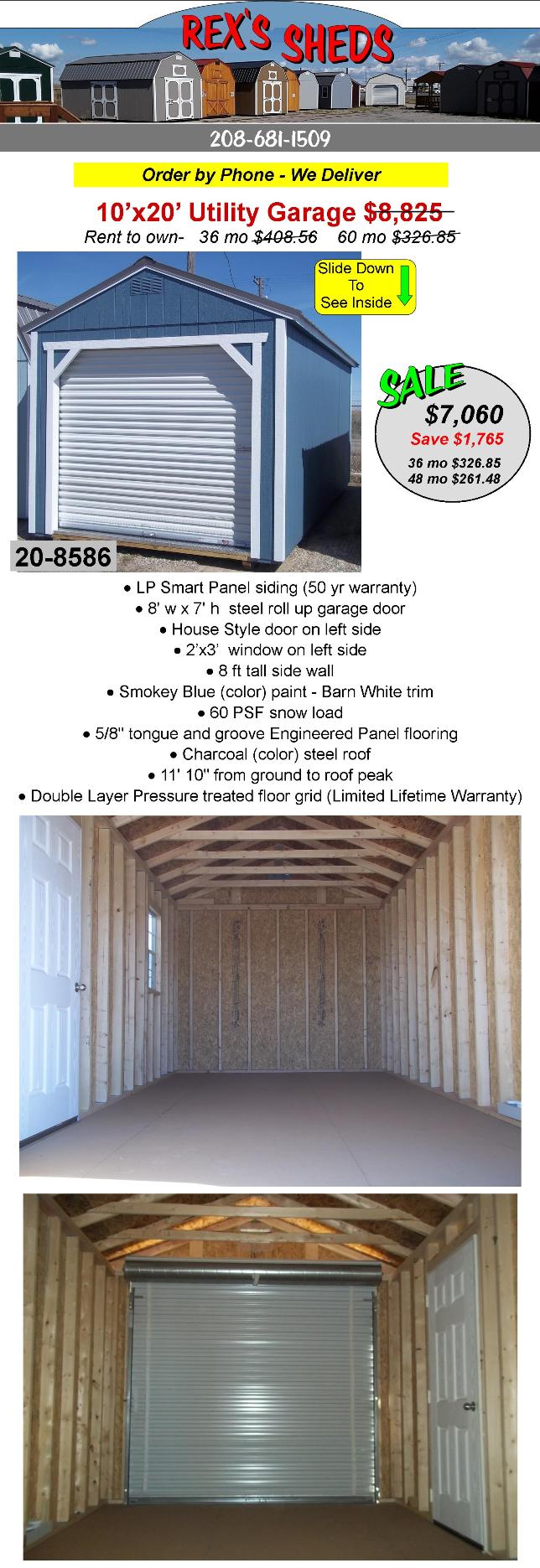 10x20_utility_style_garage_shed_with_roll_up_door_house_door_and_window_smokey_blue_color_paint_barn_white_trim_charcoal_color_steel_roof