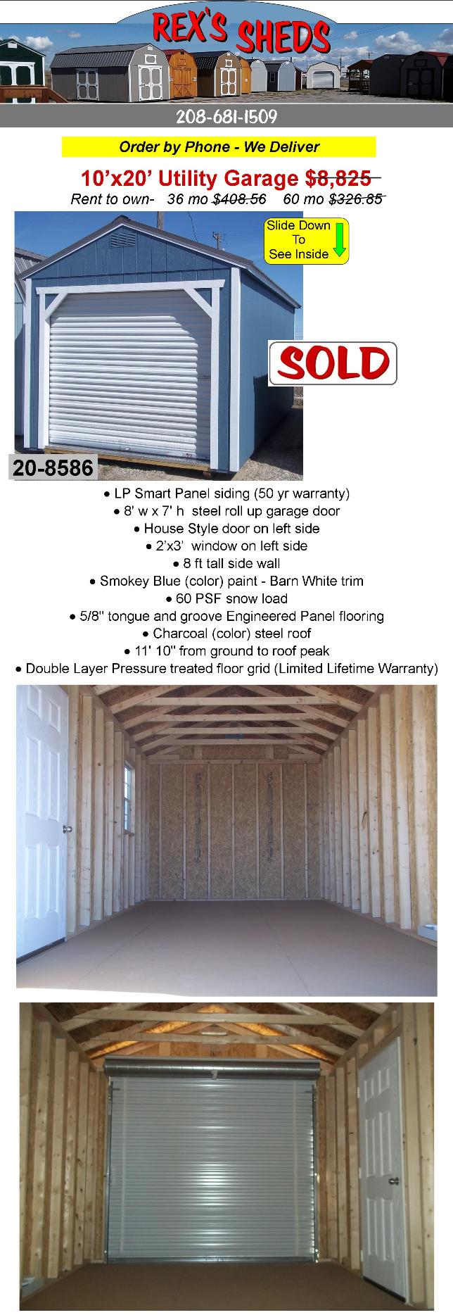 10x20_utility_style_garage_shed_with_roll_up_door_house_door_and_window_smokey_blue_color_paint_barn_white_trim_charcoal_color_steel_roof