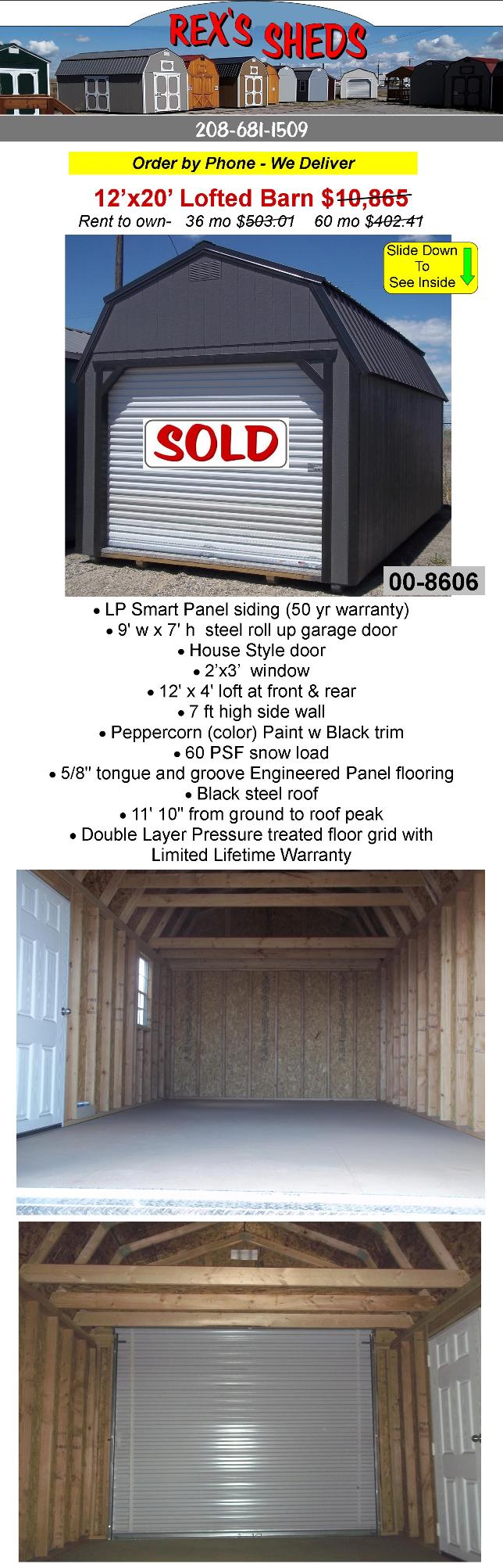 12x20_storage_shed_garage_with_rollup_door_man_door_2_overhead_lofts_a_window_peppercorn_color_paint_black_trim_black_steel_roof