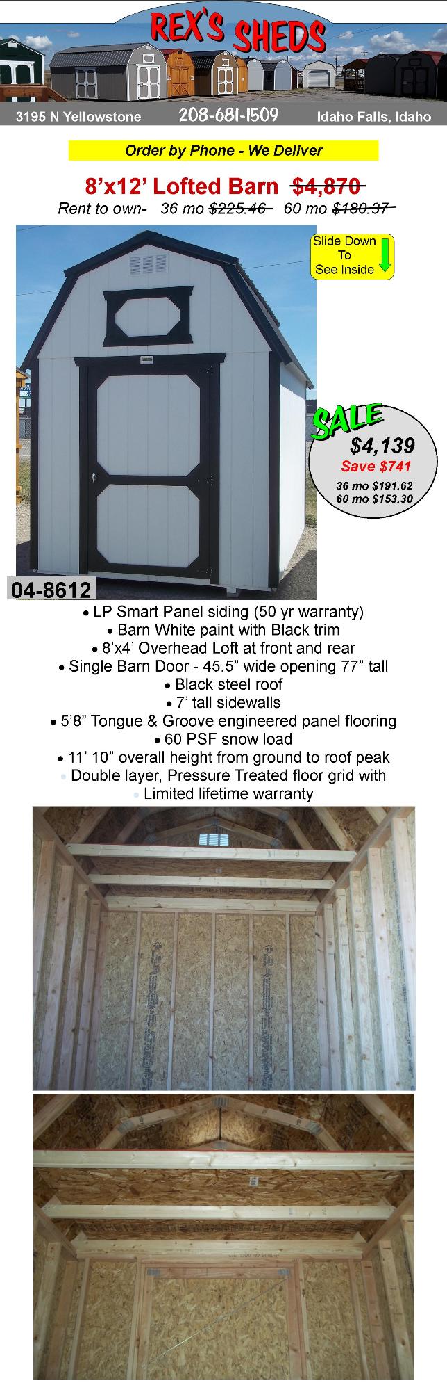 barn_style_garden_shed_with_barn_white_paint_black_trim_2_overhead_lofts_single_barn_door_and_black_steel_roof