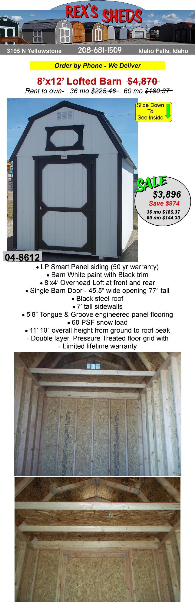 barn_style_garden_shed_with_barn_white_paint_black_trim_2_overhead_lofts_single_barn_door_and_black_steel_roof