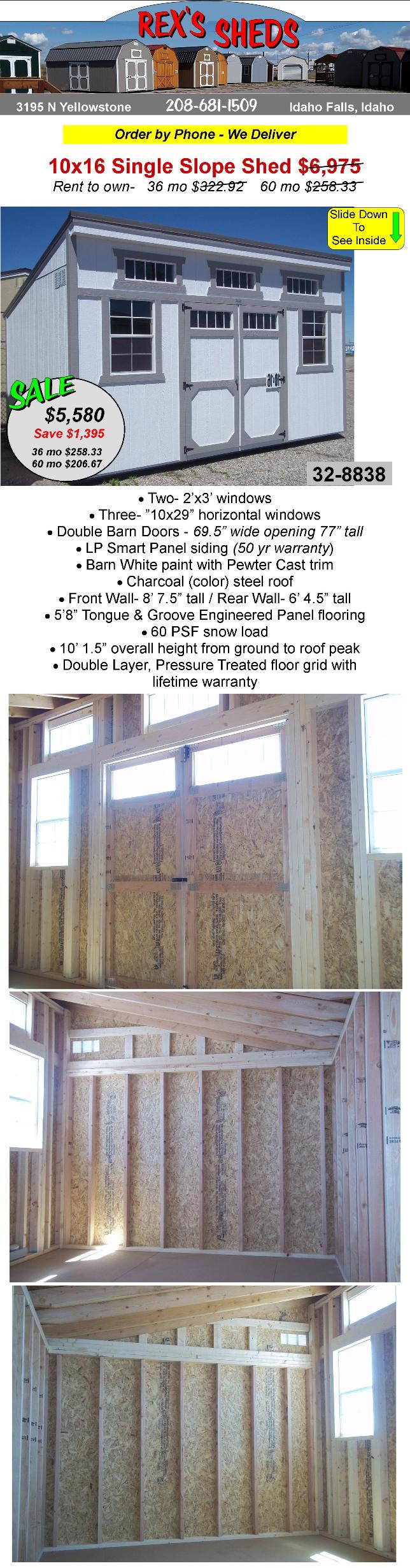 10x16_single_slope_shed_with_single_pitch_lean_to_type_roof_has_double_barn_doors_5_windows_barn_white_paint_pewter_cast_trim_charcoal_color_steel_roof