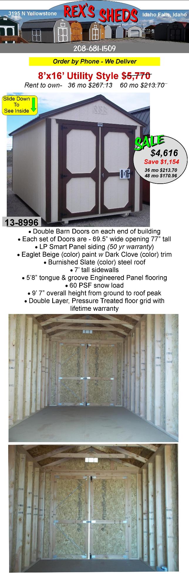 8x16_utility_style_shed_with_double_barn_doors_at_each_end_eaglet_beige_color_paint_with_dark_clove_color_trim_burnished_slate_color_steel_roof