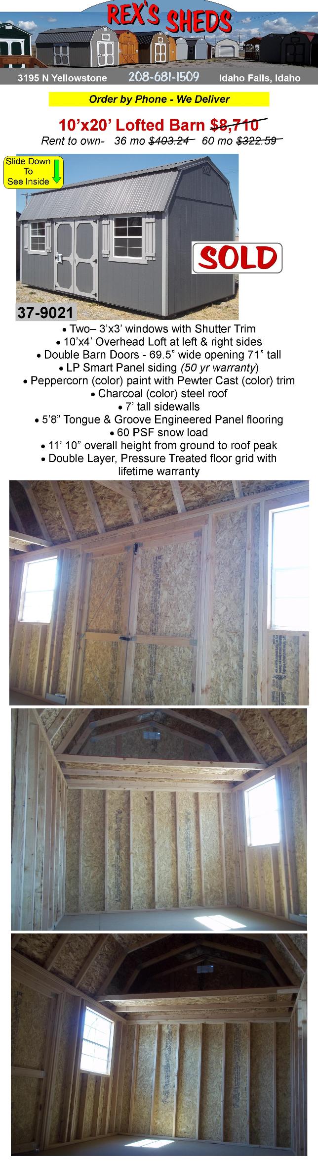10x20_barn_style_shed_with_2_windows_placed_one_on_each_side_of_double_barn_doors_peppercorn_color_paint_pewter_cast_color_trim_charcoal_color_steel_roof_and_an_overhead_loft_at_each_side
