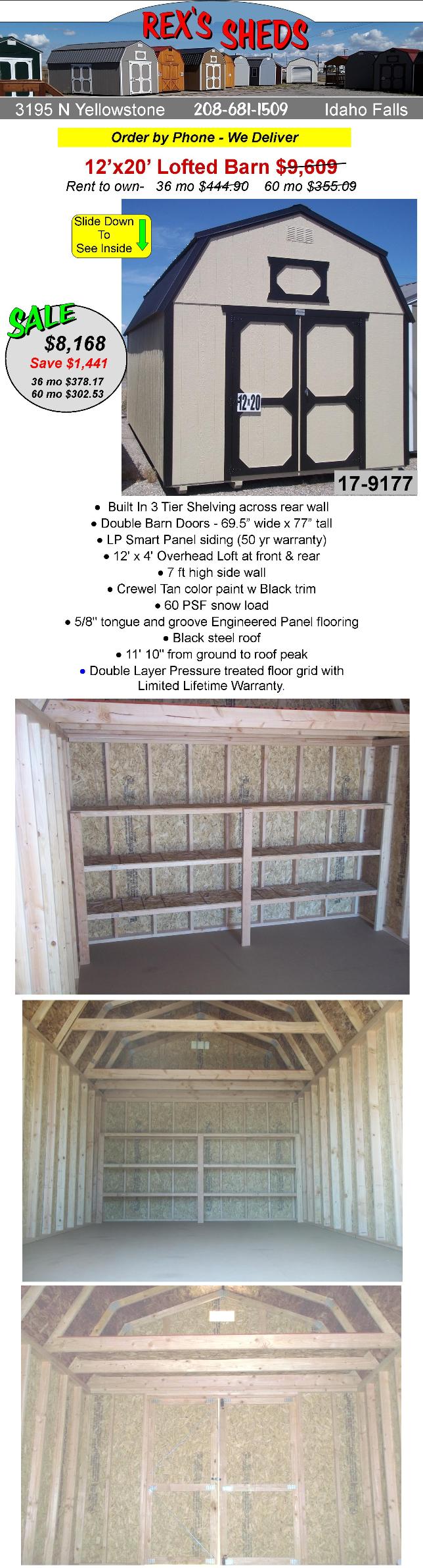 barn_shed_has_double_barn_doors_an_overhead_loft_at_front_and_rear_crewel_tan_color_paint_black_trim_black_steel_roof
