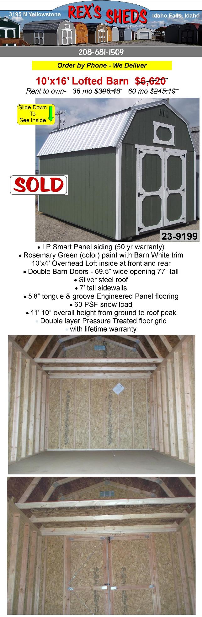 barn_style_shed_with_rosemary_green_color_paint_barn_white_trim_double_barn_doors_an_overhead_loft_at_front_and_rear_silver_steel_roof
