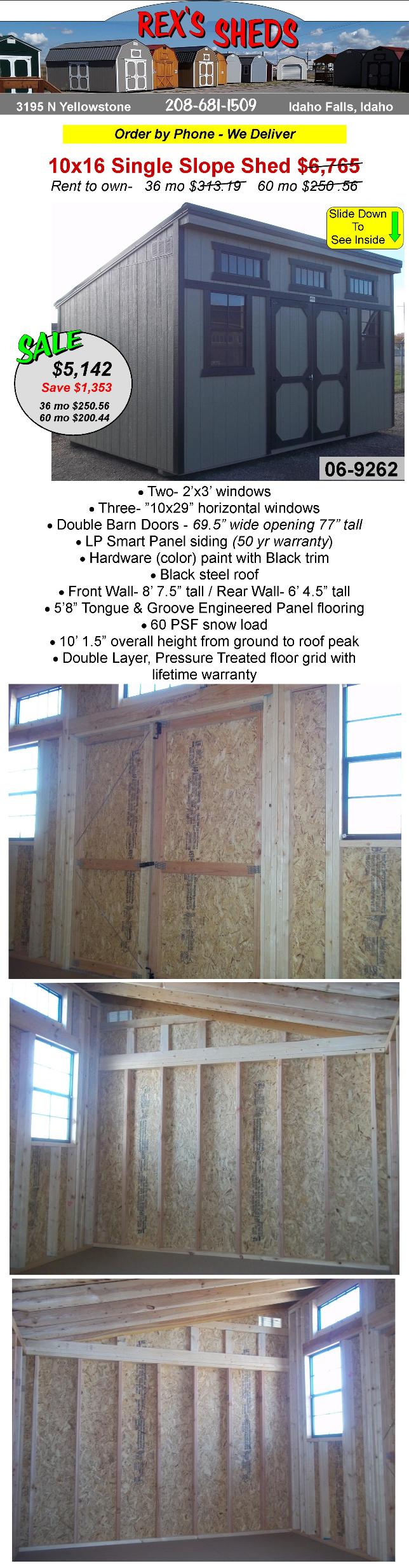 10x16_single_slope_shed_with_single_pitch_lean_to_type_roof_has_double_barn_doors_5_windows_hardware_color_paint_black_trim_black_steel_roof