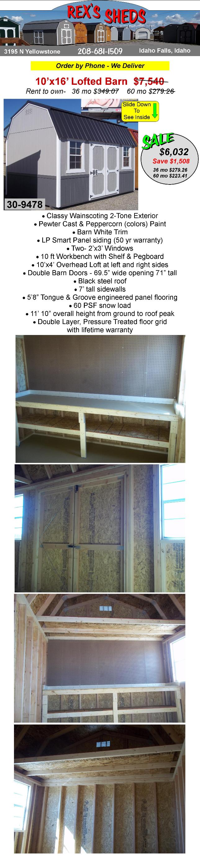 shed_with_barn_roof_has_built_in_workbench_w_pegboard_2_windows_double barn_doors_an_overhead_loft_at_left_and_right_sides_wainscot_pewter_cast_and_peppercorn_colors_w_barn_white_trim_black_steel_roof