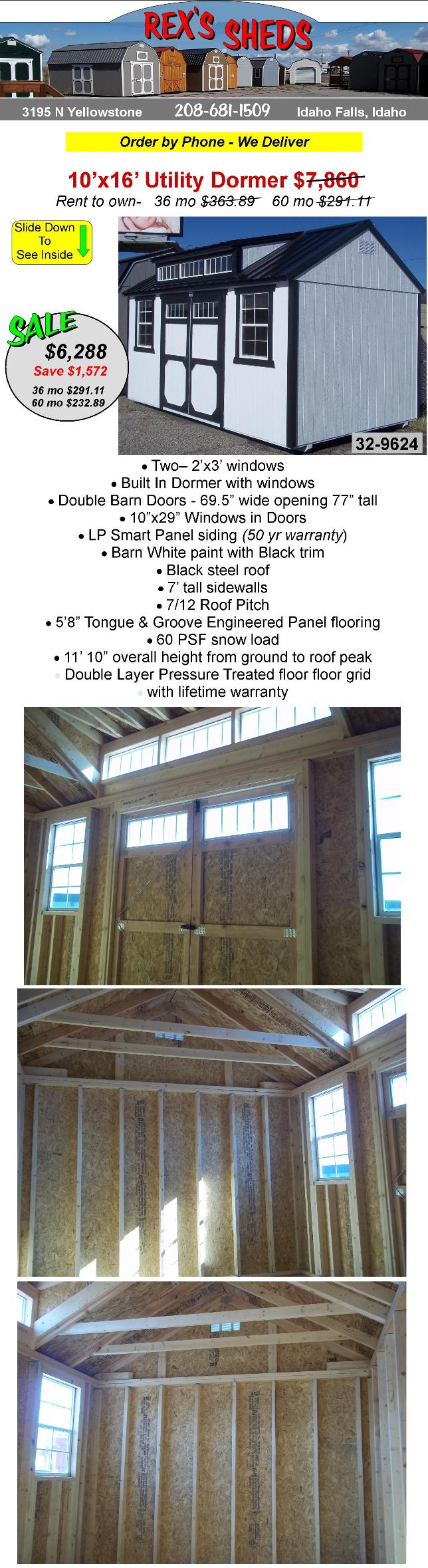 shed_with_dormer_on_sale_has_double_barn_doors_with_windows_a_window_on_each_side_of_barn_doors_barn_white_paint_and_black_trim_black_steel_roof